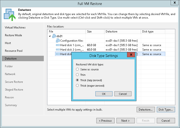 第7步。选择目标数据存储和磁盘类型
