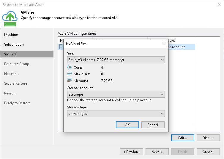 Step 4. Specify VM Size and Disks