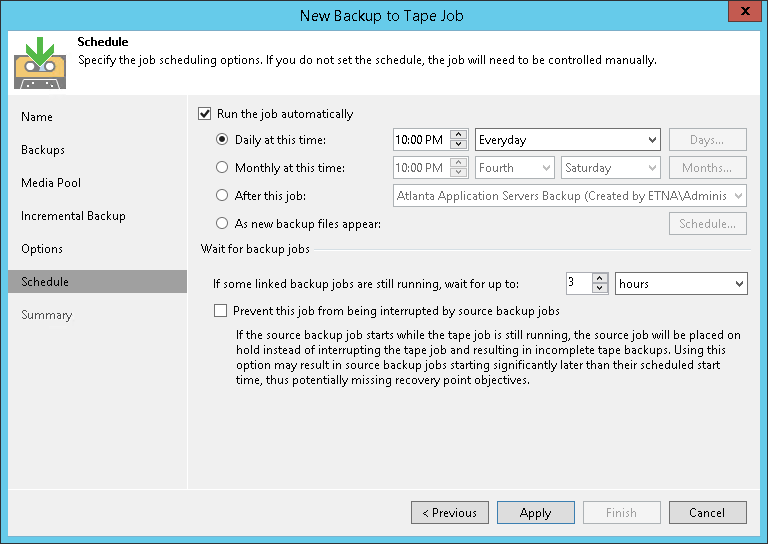 Schedule for Backup to Tape Job