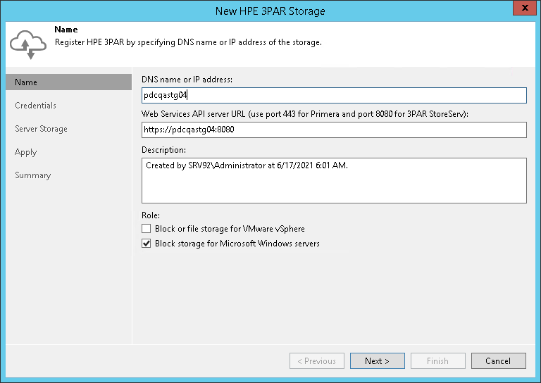 Step 2. Specify HPE 3PAR Web Services API Address and Storage Role