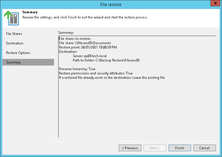 Step 6. Verify File Share Restore Settings