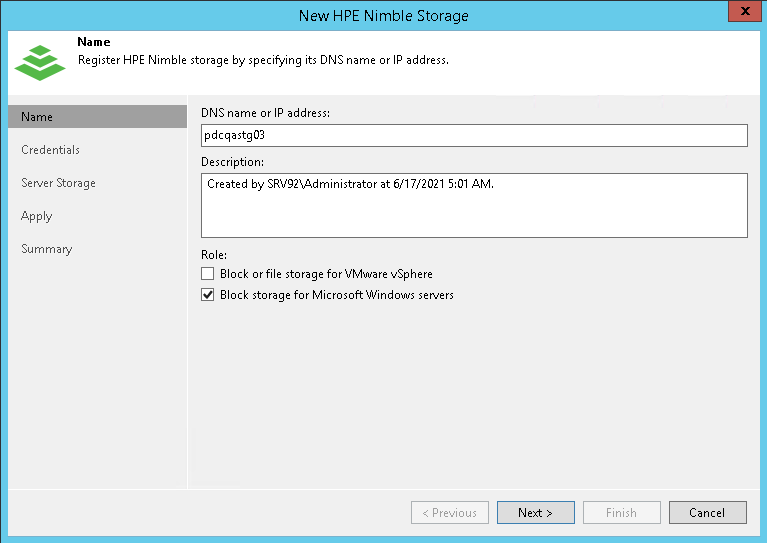 Step 1. Specify Storage Name or Address and Storage Role