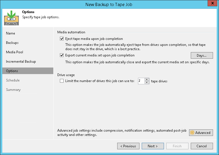 Options for Backup to Tape Job