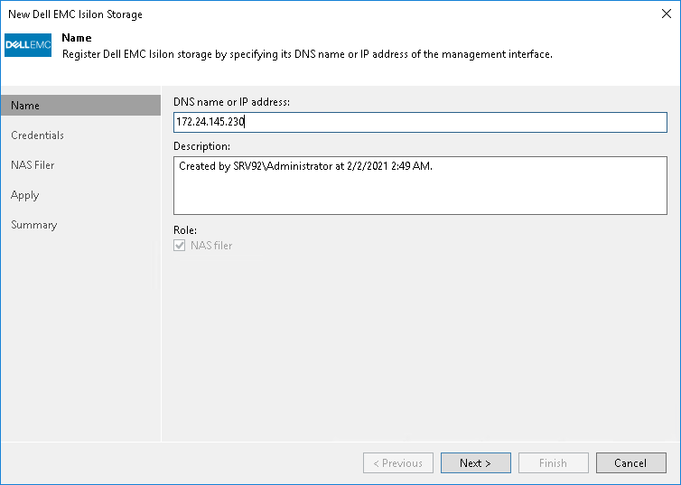 Step 1. Specify Storage Name or Address and Storage Role