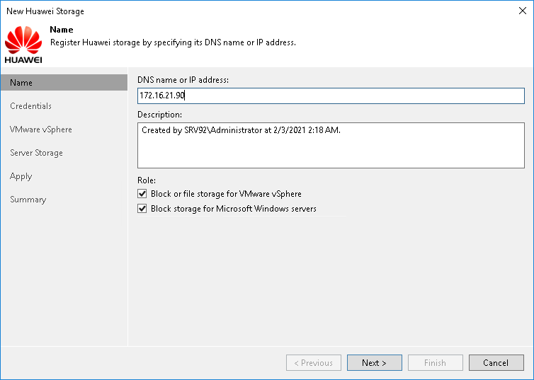 Step 2. Specify Storage Name or Address and Storage Role