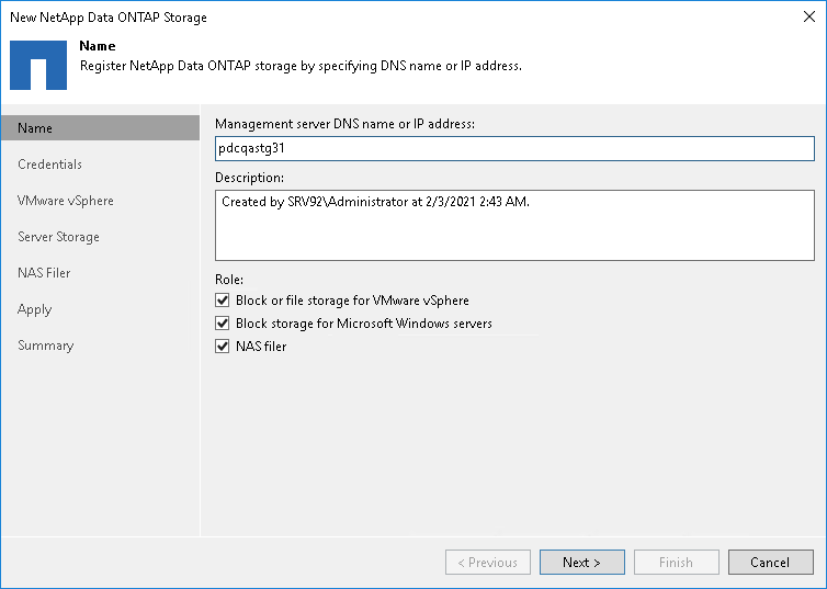 Step 2. Specify NetApp Server Name or Address and Storage Role