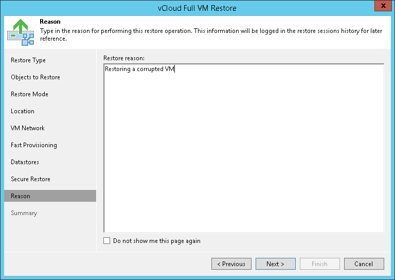 Step 10. Specify Restore Reason