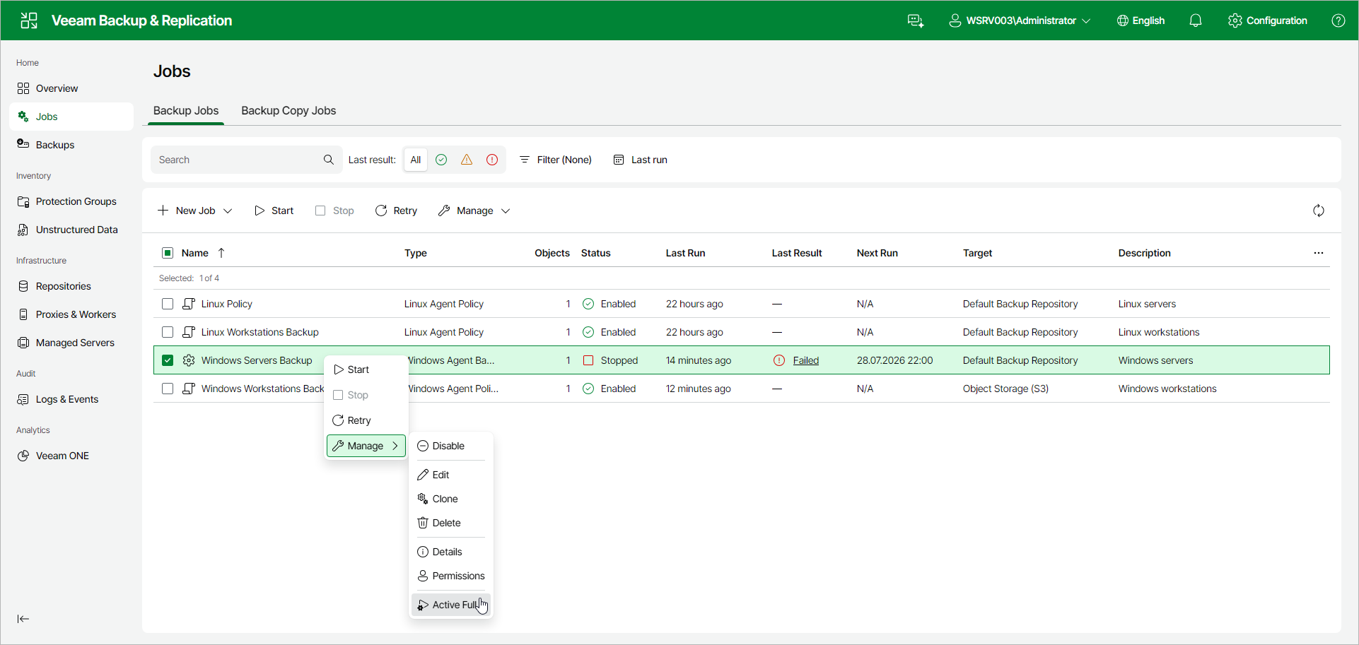 Perform Active Full Backup