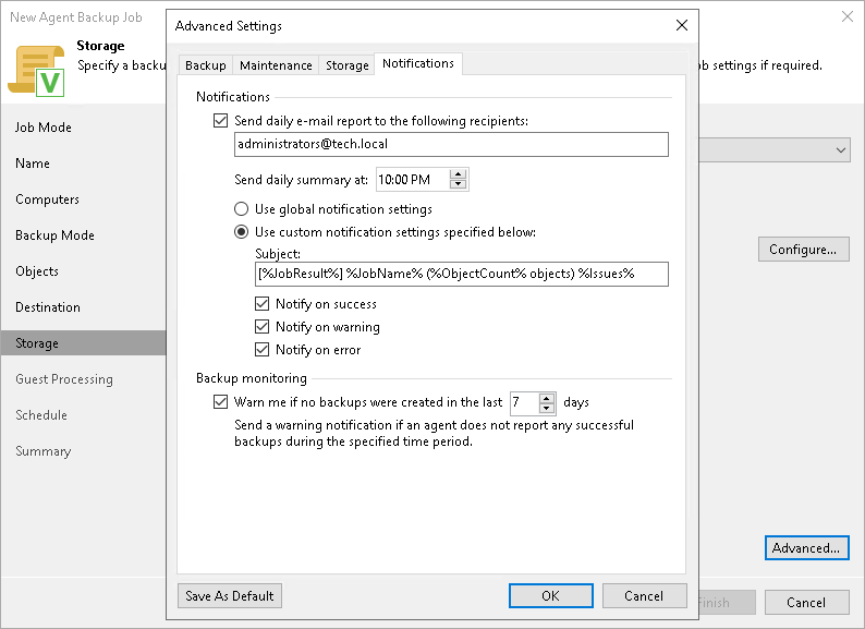 Notification Settings for Backup Policy