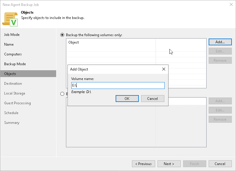 Specifying Volumes to Back Up