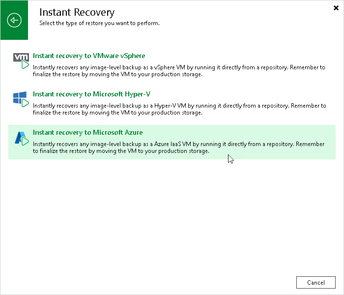 Step 1. Launch Instant Recovery to Microsoft Azure Wizard