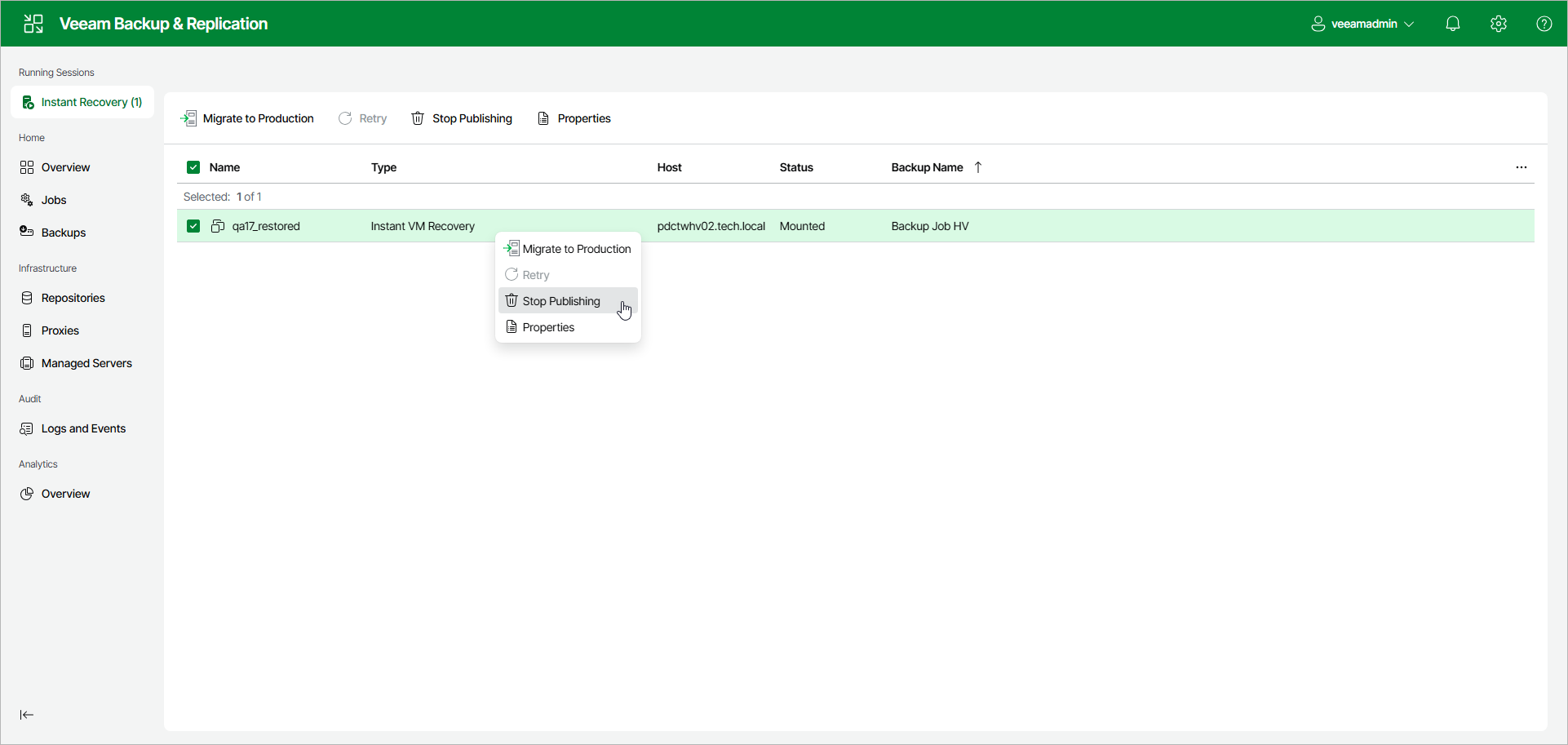 Stop Publishing VM - Web UI