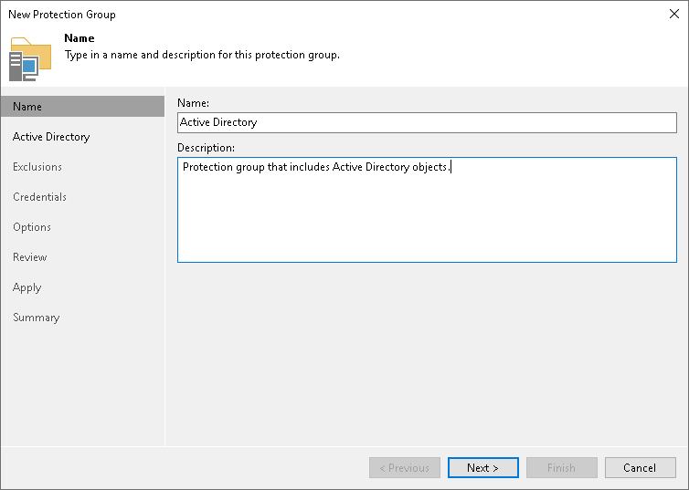 Step 2. Specify Protection Group Name and Description