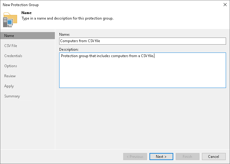 Step 2. Specify Protection Group Name and Description