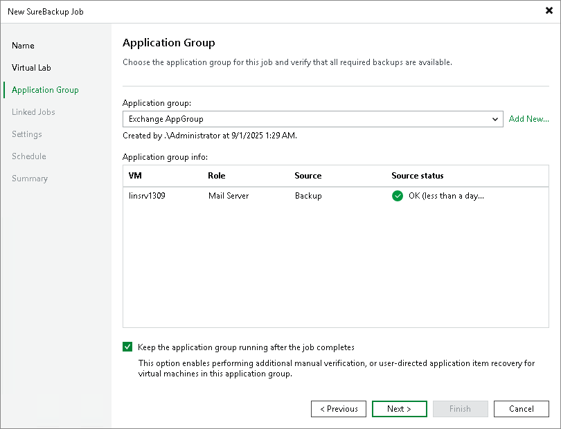 Selet Application Group Creating SureBackup Job