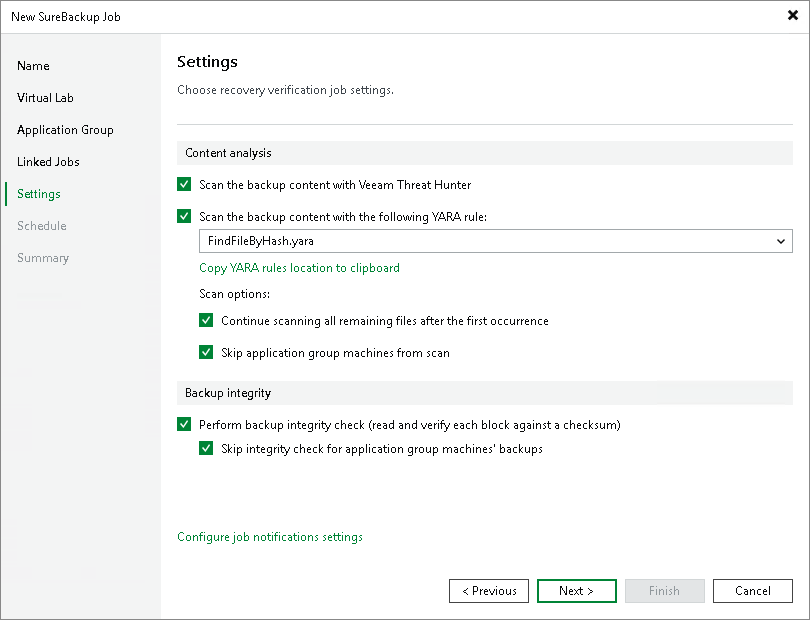 Specify Settings Creating SureBackup Job