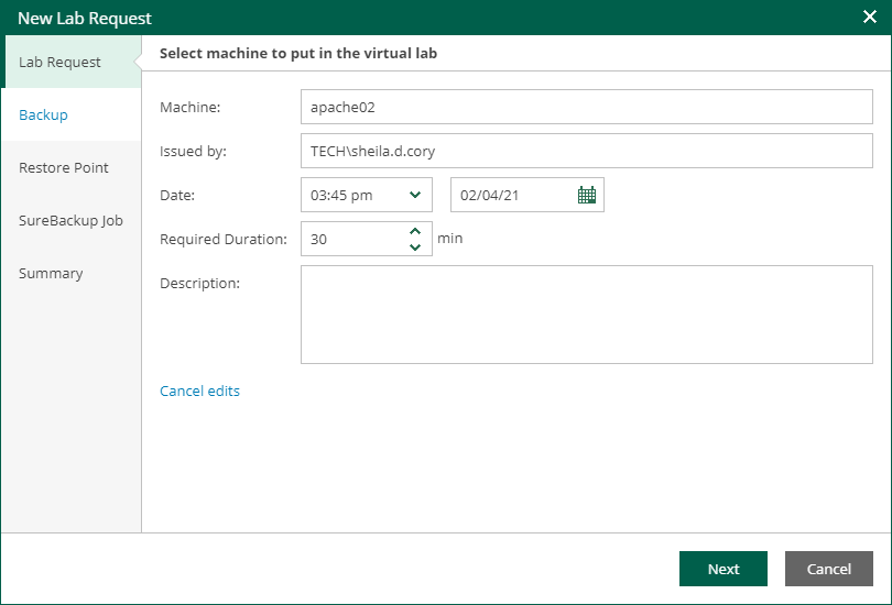 Creating Virtual Lab Requests