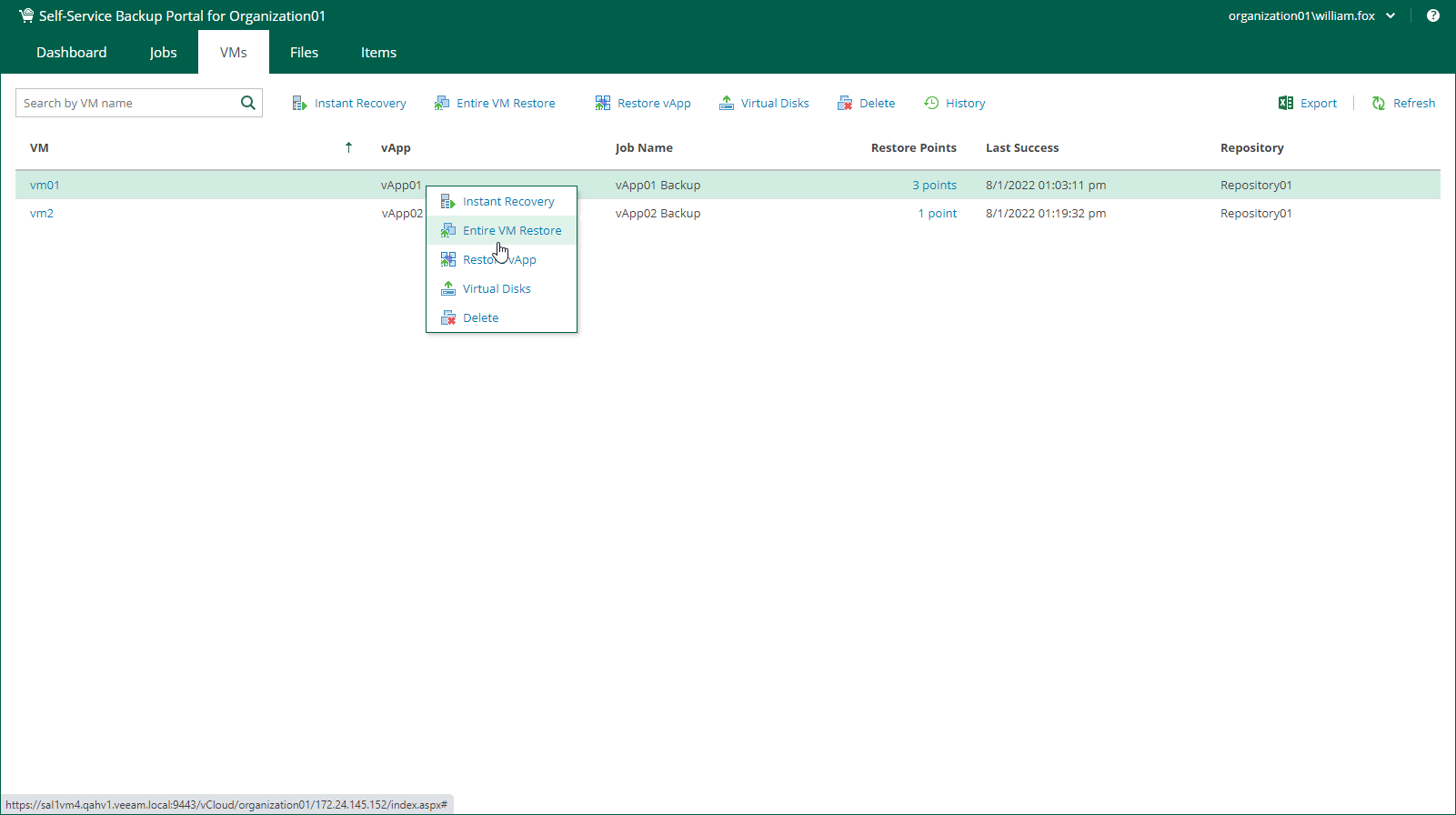 Veeam Self-Service Backup Portal Accessed by URL
