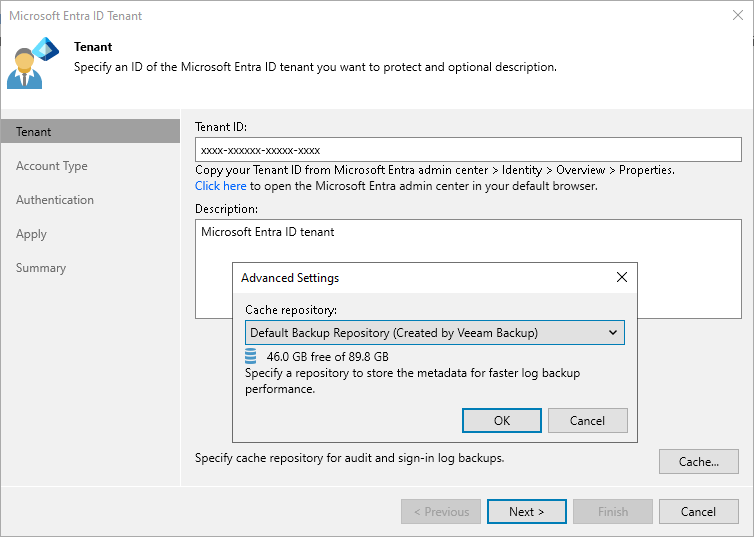 Step 2. Specify Tenant ID and Cache Repository