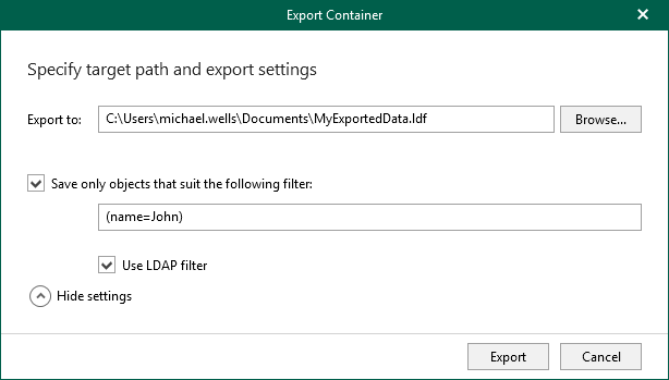 Specifying Target Path and Export Settings