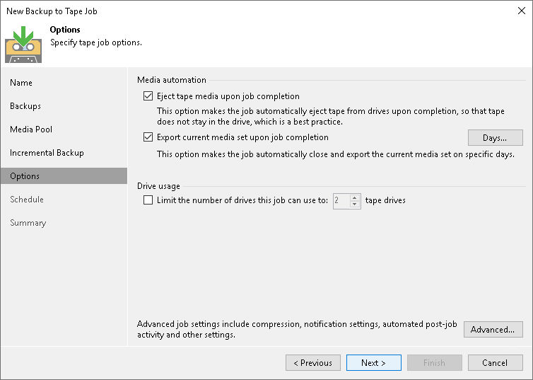 Options for Backup to Tape Job