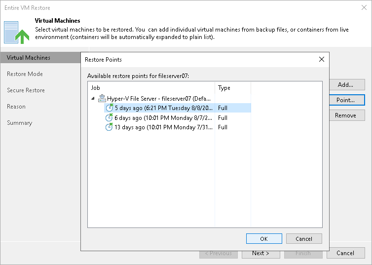 Step 3. Select Restore Point - User Guide for Microsoft Hyper-V