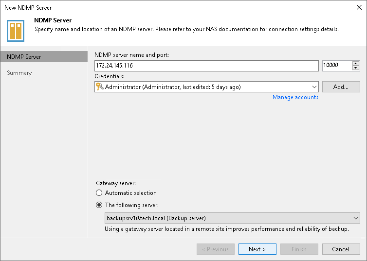 Step 2. Specify NDMP Server Name and Location