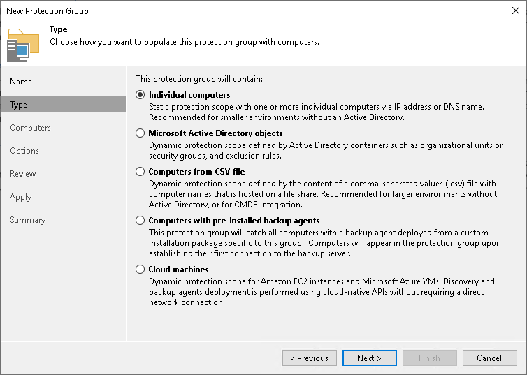 Step 3. Select Protection Group Type