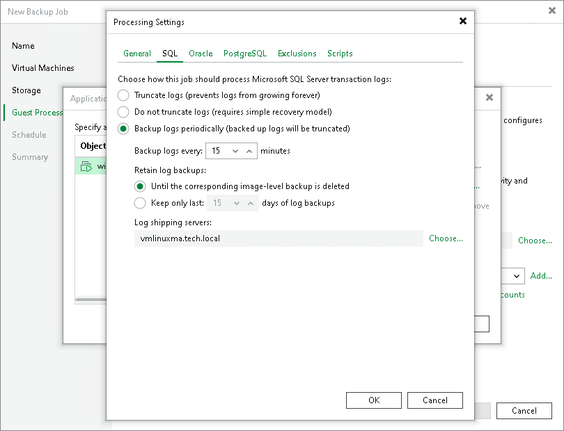 Specify SQL Backup Settings Creating Application-Aware Backup Job