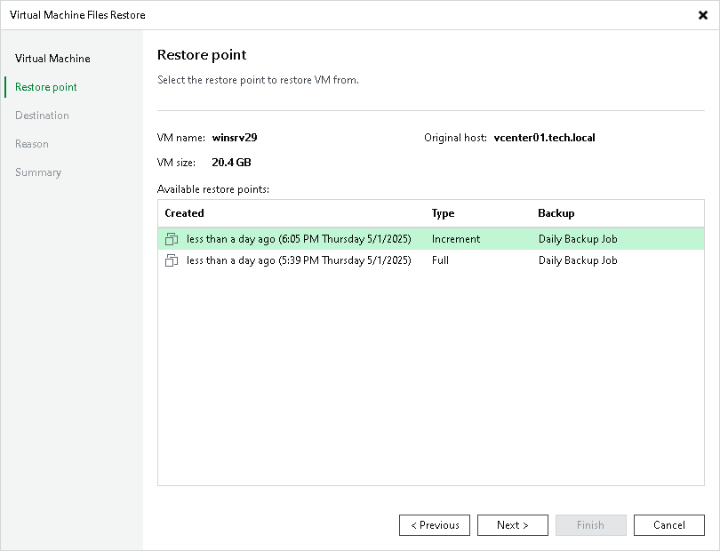 Choose Restore Point Restoring VM Files