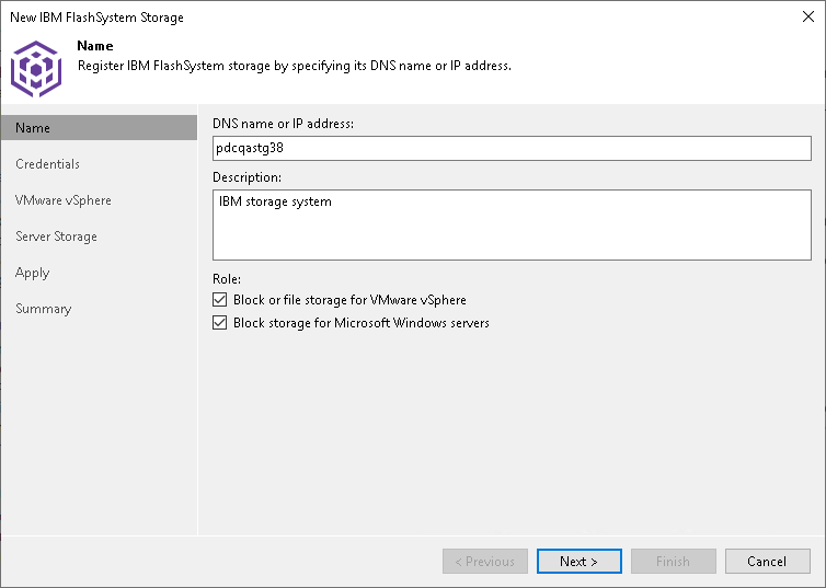 Step 2. Specify Storage Name or Address and Storage Role