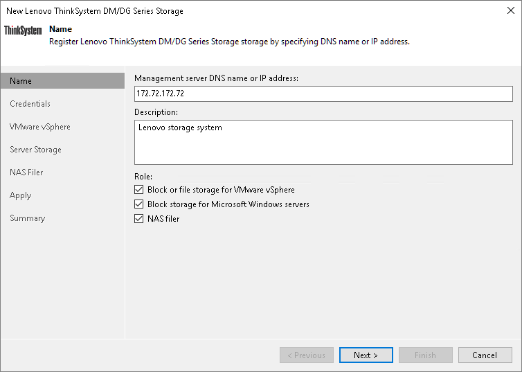 Step 2. Specify Lenovo Server Name or Address and Storage Role