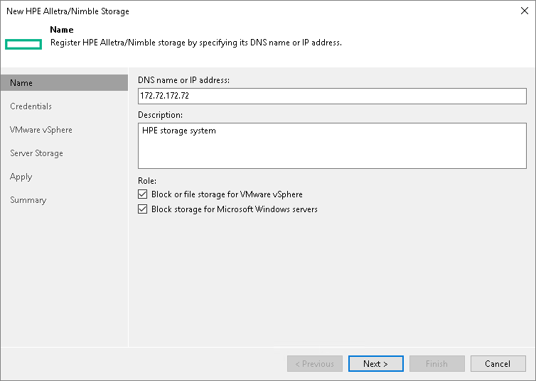 Step 2. Specify Storage Name or Address and Storage Role