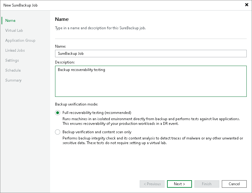 Launch SureBackup Wizard Recovery Verification for Veeam Agent Backups
