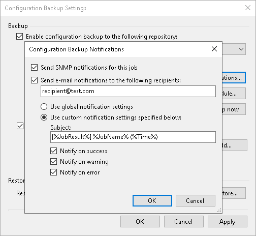 Configuring Notification Settings for Configuration Backups