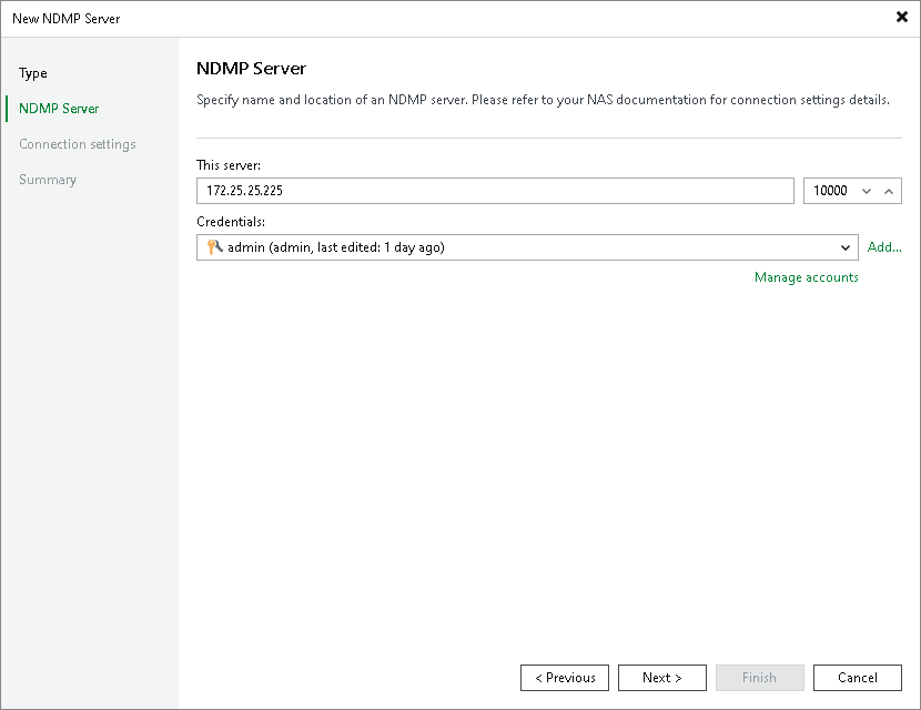 NDMP Server Name and Credentials for Standalone NDMP Server