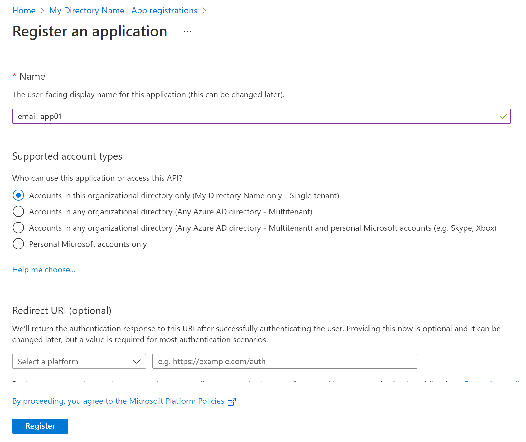 Registering Application in Microsoft Azure Portal