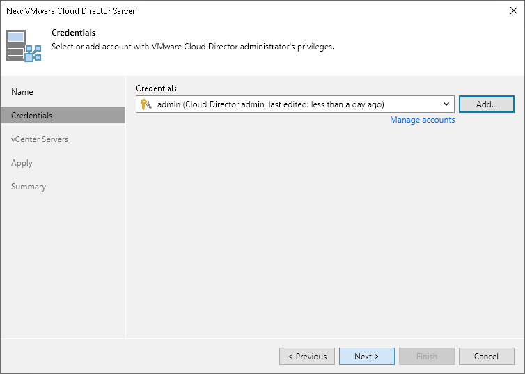 Step 3. Specify VMware Cloud Director Credentials