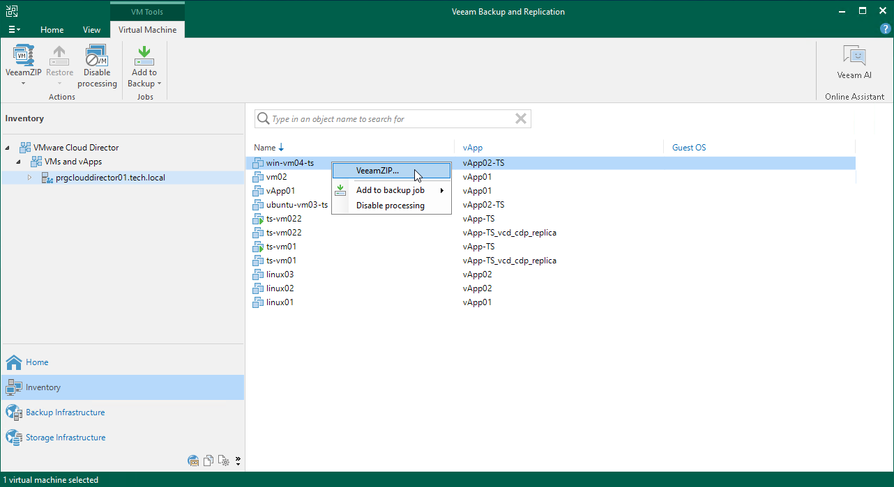 Creating VeeamZIP Files for VMware vCloud Director VMs