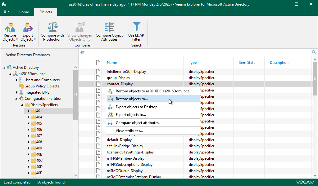 Using Veeam Explorer for Microsoft Active Directory