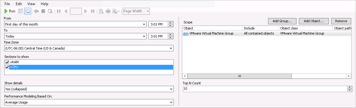 Right-sizing – VMs Oversized for Memory and CPU Report Settings