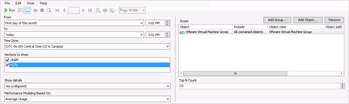 Right-sizing – VMs Undersized for Memory and CPU Report Settings