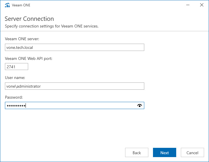 Veeam ONE Specify Server Connection Details