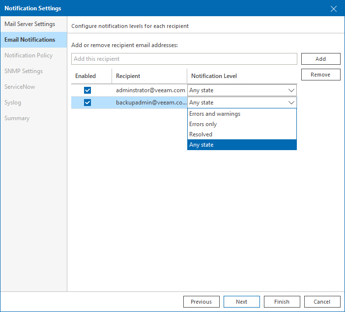 email notification veeam