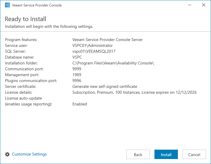Review Installation Settings
