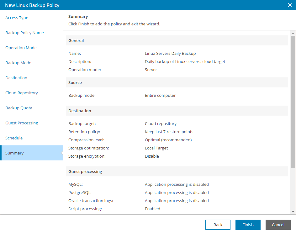 Review Backup Policy Settings