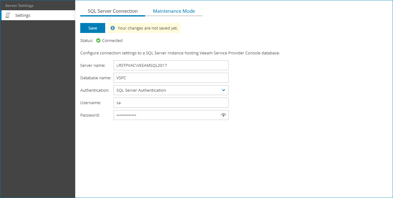 Configuring SQL Server Connection Settings Veeam Service Provider Console Guide