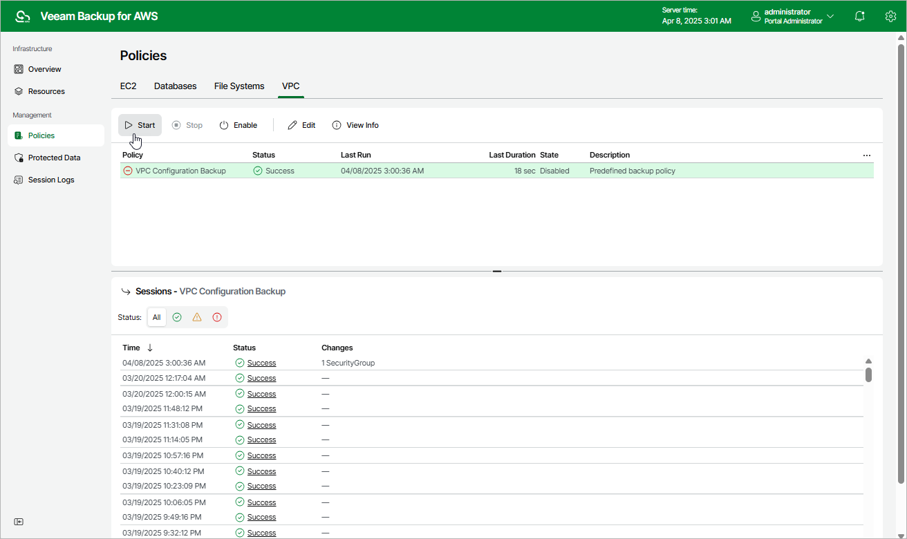 Starting and Stopping VPC Configuration Backup Policy - Veeam