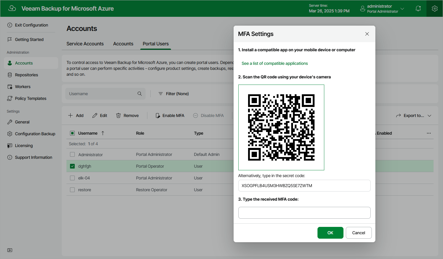 Enabling Multi-Factor Authentication - Veeam Backup for Microsoft Azure  Guide