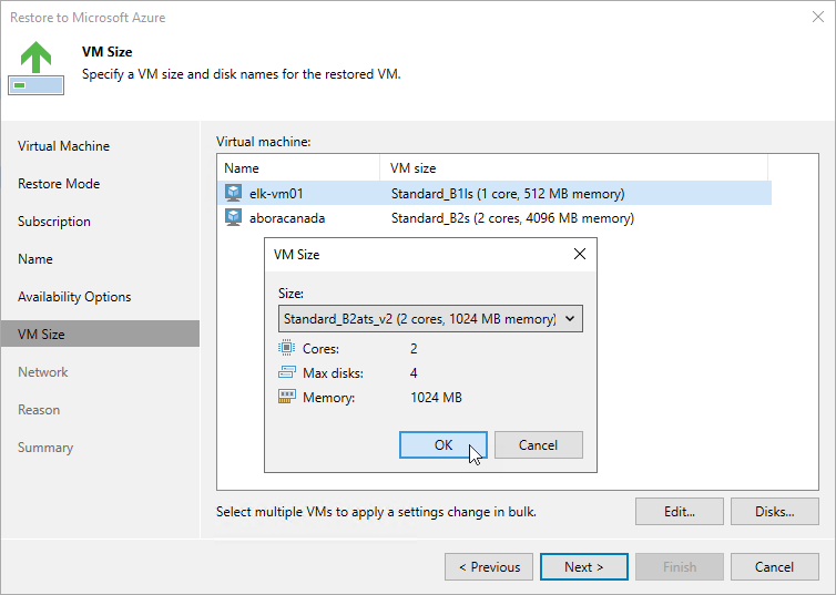 Restore to Microsoft Azure - VM size